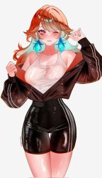 1girl alternate_costume bike_shorts black_shorts blush breasts colored_inner_hair earrings feather_earrings feathers gradient_hair green_hair highres hololive hololive_english jacket jewelry large_breasts long_hair looking_at_viewer multicolored_hair one_eye_closed open_clothes open_jacket orange_hair purple_eyes sanya_(sanya_lox228) shorts simple_background smile solo takanashi_kiara tank_top virtual_youtuber white_background white_tank_top
