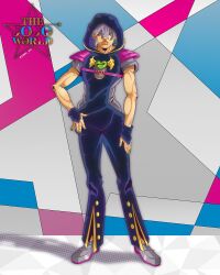 Rule 34 | 1boy, anime coloring, araki hirohiko (style), bell-bottoms, belt, blue bridal gauntlets, blue hoodie, braid, commentary, earrings, english commentary, genda art, green eyes, green nails, grey hair, grey shoes, grey sleeves, hair between eyes, hair ornament, heart ornament, highres, hood, hood up, hoodie, jewelry, jodio joestar, jojo no kimyou na bouken, long bangs, male focus, nail polish, official style, orange lips, pants, pink belt, redrawn, shoes, short sleeves, side braid, single earring, solo, standing, star (symbol), star hair ornament, the jojolands, wing ornament