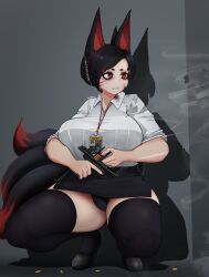 1girl absurdres ammunition animal_ears black_hair black_tail blood blood_on_face breasts bullet clip_(weapon) collared_shirt facial_mark fox_ears fox_tail gun handgun handgun_cartridge high_heels highres holding_clip_(weapon) huge_breasts id_card kel-tec_pr57 lanyard miko_yu&#039;rei multiple_tails office_lady original pdw-caliber_pistol pdw_cartridge pencil_skirt pistol pistol_cartridge reloading shell_casing shirt short_hair skirt sleeves_rolled_up solo squatting stripper_clip tail thick_thighs thighs weapon white_shirt