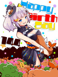 Rule 34 | 1girl, bare shoulders, black dress, blue eyes, blush, breasts, cleavage, cleavage cutout, clothing cutout, commentary request, cowboy shot, dress, food, grey hair, hair ornament, hairclip, hanasaki, happy birthday, highres, holding, holding food, kaguya luna, large breasts, looking at viewer, medium hair, obi, open mouth, sash, short dress, short twintails, shrimp, shrimp tempura, sidelocks, sleeveless, sleeveless dress, smile, solo, standing, tempura, the moon studio, twintails, virtual youtuber