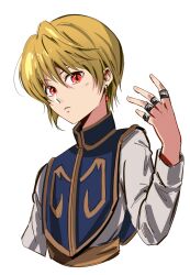 1boy absurdres arm_up blonde_hair closed_mouth commentary english_commentary gold_trim hair_between_eyes highres hunter_x_hunter kurapika looking_at_viewer loose_hair_strand male_focus red_eyes short_hair simple_background solo uneasywolf upper_body white_background