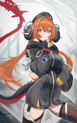 1girl absurdres asymmetrical_gloves black_gloves black_jacket closed_mouth cowboy_shot fingerless_gloves gloves green_eyes hair_between_eyes highres horns jacket long_hair looking_ahead mismatched_gloves orange_hair orpheus_(zenless_zone_zero) pointy_ears sidelocks socks standing tail yellow_gloves yeongspace zenless_zone_zero