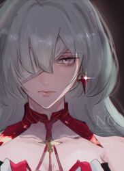 Rule 34 | 1girl, bandage over one eye, close-up, closed mouth, collar, collarbone, dark background, detached collar, earrings, glint, grey hair, hair intakes, hair over one eye, highres, jewelry, long bangs, long hair, looking at viewer, multicolored eyes, phrolova (wuthering waves), portrait, red collar, serious, simple background, single earring, solo, straight-on, white eyes, wu yuuri, wuthering waves