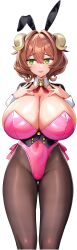 1girl absurdres animal_ear_hairband animal_ears arms_up black_hairband black_vest breasts brown_hair cleavage covered_navel curled_horns curly_hair demon_girl demon_horns derauea detached_collar fake_animal_ears game_cg gluteal_fold green_eyes hair_intakes hairband highleg highres horns huge_breasts leotard light_blush looking_to_the_side maginabeige_blume medium_hair motto!_haramase!_honoo_no_oppai_isekai_oppai_bunny_gakuen! nervous nervous_sweating non-web_source official_art open_mouth pantyhose pink_leotard playboy_bunny rabbit_ear_hairband rabbit_ears solo standing star_(symbol) star_in_eye strapless strapless_leotard sweat sweatdrop symbol_in_eye tachi-e transparent_background vest white_wrist_cuffs wrist_cuffs