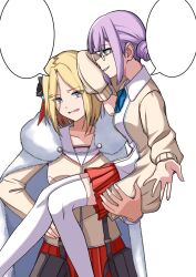 Rule 34 | 2girls, blonde hair, breasts, cape, carrying, carrying person, drill hair, flower, fur-trimmed cape, fur trim, glasses, green eyes, grey eyes, hair flower, hair ornament, heaven burns red, highres, higuchi seika, jacket, long sleeves, medium hair, minase ichigo, multiple girls, purple hair, rose, shirt, short hair, twin drills, white background, yuri