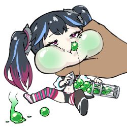 1girl adjusting_clothes aqua_eyes black_hair black_shorts breasts chemical_weapon chibi demon_girl ear_piercing eating expressionless fingernails highleg highleg_panties jacket large_breasts looking_at_another micro_shorts multicolored_hair navel navel_piercing orb panties perit piercing pointy_ears poison pun purple_eyes restrained shiny_skin short_hair shorts simple_background solo standing taimanin_(series) taimanin_rpgx taimanun the_rock_(movie) thighhighs thong trait_connection transparent_background twintails two-tone_hair underwear vx_(nerve_agent) weapon_of_mass_destruction white_jacket