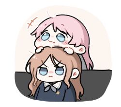 +++ 2girls :&lt; :3 ahoge arms_at_sides bang_dream! bang_dream!_it&#039;s_mygo!!!!! black_shirt blue_eyes blush brown_background brown_hair chibi chihaya_anon chin_rest closed_mouth couch fang fang_out grey_neckerchief grey_shirt hands_on_another&#039;s_head hands_up haneoka_school_uniform head_on_head head_rest komi_(mayu_eo22) long_hair looking_ahead multiple_girls nagasaki_soyo neckerchief no_pupils on_couch parted_bangs pink_hair sailor_collar school_uniform serafuku shirt smile tsukinomori_school_uniform two-tone_background upper_body v-shaped_eyebrows white_background white_sailor_collar