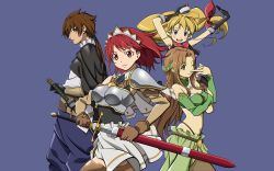 Rule 34 | 00s, 1boy, 3girls, absurdres, aria (seiken no blacksmith), armor, blonde hair, blue eyes, blush, brown hair, cecily cambell, cloak, everyone, fdyuji, gloves, hat, highres, katana, lisa (seiken no blacksmith), long hair, luke ainsworth, mini hat, multiple girls, ponytail, purple eyes, red eyes, red hair, seiken no blacksmith, sheath, sword, unsheathing, weapon