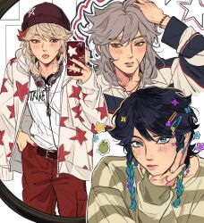 3boys alternate_costume belt black_hair black_nails blue_eyes blue_hair blue_nails blush braid brown_eyes butterfly_hair_ornament cellphone commentary contemporary cowboy_shot english_commentary facial_scar genshin_impact gradient_hair grey_hair hair_between_eyes hair_ornament hairclip hand_in_pocket headphones headphones_around_neck highres hood hoodie jewelry kaedehara_kazuha lips long_sleeves looking_at_phone looking_at_viewer male_focus medium_hair mirror_selfie multicolored_hair multicolored_nails multiple_boys multiple_rings nail_polish necklace no_headwear open_clothes open_hoodie pants phone razor_(genshin_impact) red_belt red_eyes red_hair red_nails red_pants ring scar scar_on_cheek scar_on_face selfie shirt short_hair_with_long_locks smartphone sonagee standing star_(symbol) star_print streaked_hair tongue tongue_out twin_braids upper_body venti_(genshin_impact) white_hair white_nails white_shirt