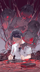 2boys 2girls absurdres ayanami_rei blue_eyes cassette_player cassette_tape faceless faceless_female faceless_male fork highres holding holding_fork holding_knife ikari_shinji knife looking_down multiple_boys multiple_girls nagisa_kaworu neon_genesis_evangelion omurice_(304975636) parted_bangs pointing shirt short_hair souryuu_asuka_langley white_shirt