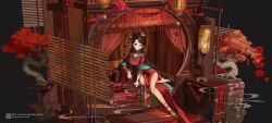 1girl above_cleavage_cutout absurdres ankle_rope bamboo_screen bare_legs bed black_background black_eyes black_hair bonsai censer china_dress chinese_clothes chinese_commentary chinese_knot chinese_text commentary copyright_notice cropped double_happiness dress earrings english_commentary english_text flats full_body green_shawl grin hair_ornament hair_rings hairpin highres jewelry jiu_niangzi lantern long_dress long_hair long_sleeves looking_at_viewer makinohara_ue mixed-language_commentary nightstand on_bed paper_lantern pelvic_curtain plant potted_plant red_curtains red_dress red_footwear red_nails reverse:1999 seal_impression single_bare_foot sitting smile smoke solo swept_bangs very_long_hair wedding_dress wide_shot wooden_box wooden_floor yokozuwari yunjian