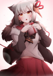 absurdres acullllll alternate_costume animal_ears azur_lane blush earrings extra_ears fur-trimmed_jacket fur_trim gift grey_hair highres holding holding_gift jacket jewelry looking_at_viewer mask mask_on_head midriff navel open_clothes open_jacket open_mouth orange_eyes red_sailor_collar red_skirt sailor_collar school_uniform serafuku short_hair skirt star_(symbol) star_earrings suzutsuki_(azur_lane) upper_body valentine white_background