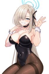 1girl absurdres asuna_(blue_archive) black_choker black_leotard black_pantyhose black_ribbon blonde_hair blue_archive blue_eyes blue_halo bow bowtie breasts choker cleavage collarbone commentary english_commentary hair_over_one_eye hair_ribbon halo highres kiki_dailami large_breasts leotard long_hair looking_at_viewer mole mole_on_breast pantyhose ribbon simple_background solo strapless strapless_leotard thighband_pantyhose traditional_bowtie white_background wrist_cuffs