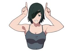 Rule 34 | 1girl, antoniomalara, black hair, breasts, camisole, chainsaw man, cleavage, commission, cropped torso, eyepatch, grey camisole, grey eyes, grin, himeno (chainsaw man), index fingers raised, large breasts, medium hair, smile, solo, upper body