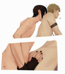 2boys anal armband ass black_hair black_nails blonde_hair closed_eyes completely_nude couple earrings facial_mark fingerless_gloves from_side front-to-back gloves hand_on_another&#039;s_ass heart highres jewelry lower_body male_focus male_penetrated midriff multiple_boys nail_polish naruto naruto_(series) nipples no_headband nude sex short_hair sigh simple_background skinny spiked_hair tamelee uchiha_sasuke upper_body uzumaki_naruto uzumaki_symbol whisker_markings white_background yaoi