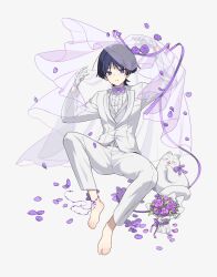 Rule 34 | 1boy, alternate costume, arms up, barefoot, bishounen, black hair, blunt ends, bouquet, bow, bowtie, breast pocket, bright pupils, cat, contemporary, dress shirt, eyeliner, eyeshadow, flower, formal clothes, genshin impact, gloves, hair intakes, hei lang, highres, jacket, lapels, layered sleeves, long sleeves, looking at viewer, makeup, male focus, open mouth, pants, petals, petals on ground, pocket, purple bow, purple bowtie, purple eyes, purple flower, purple hair, purple petals, purple ribbon, red eyeliner, red eyeshadow, ribbon, scaramouche (genshin impact), shirt, solo, suit, suit jacket, toenails, tuxedo, veil, vest, waistcoat, white background, white cat, white gloves, white jacket, white mouth, white pants, white pupils, white sleeves, white suit, white undershirt, white veil, white vest, wispy bangs
