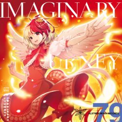 1girl akahito album_cover album_name alstroemeria_records animal animal_on_head baby_animal bird bird_on_head bird_tail bird_wings blonde_hair chick circle_name comiket_98 commentary_request cover dress english_text falling_feathers feathered_wings feathers glowing_feather highres looking_at_viewer multicolored_hair niwatari_kutaka on_head open_mouth orange_dress red_eyes red_hair second-party_source short_sleeves smile solo tail teeth touhou two-tone_hair upper_teeth_only wings yellow_wings