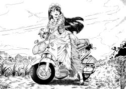 1girl absurdres aircraft apron artificialkaban artist_name aviator_goggles black_hair blush brand_name_imitation cloud cloudy_sky commentary dress fingerless_gloves frilled_apron frilled_dress frills full_body gloves goggles goggles_on_head grass greyscale highres long_dress long_hair long_sleeves looking_to_the_side maid mary_janes monochrome motor_vehicle open_mouth original riding scenery scooter shoes sky solo victorian_maid yokohama_kaidashi_kikou