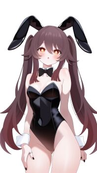 Rule 34 | 1girl, absurdres, alternate costume, animal ears, bare shoulders, black bow, black bowtie, black leotard, black nails, blush, bow, bowtie, breasts, breasts apart, brown hair, collar, commentary, covered navel, cowboy shot, detached collar, english commentary, fake animal ears, fingernails, flower-shaped pupils, fuminshou (nekopan art), genshin impact, gluteal fold, hair between eyes, hand on own thigh, highleg, highleg leotard, highres, hu tao (genshin impact), jewelry, leotard, long hair, looking at viewer, medium breasts, multicolored hair, nail polish, parted lips, playboy bunny, rabbit ears, red eyes, red hair, ring, sidelocks, simple background, solo, strapless, strapless leotard, symbol-shaped pupils, traditional bowtie, triangle mouth, twintails, very long hair, white background, white collar, white wrist cuffs, wrist cuffs