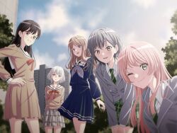 5girls bang_dream! bang_dream!_it&#039;s_mygo!!!!! black_hair blue_eyes blue_shirt blue_skirt blush breasts brown_dress brown_eyes brown_hair brown_shirt chihaya_anon closed_mouth collared_shirt commentary_request day diagonal-striped_clothes diagonal-striped_necktie dress green_necktie green_skirt grey_eyes grey_hair grey_jacket grey_neckerchief grey_skirt hanasakigawa_school_uniform haneoka_school_uniform heterochromia highres jacket kaname_raana long_hair long_sleeves lower_teeth_only mole mole_under_eye multiple_girls mygo!!!!!_(bang_dream!) nagasaki_soyo neck_ribbon neckerchief necktie one_eye_closed open_mouth outdoors pink_hair plaid_clothes plaid_skirt pleated_dress pleated_skirt purple_eyes red_ribbon ribbon sailor_collar sailor_dress school_uniform serafuku shiina_taki shirt short_hair sidelocks skirt striped_clothes takamatsu_tomori teeth tsukinomori_school_uniform white_hair white_sailor_collar white_shirt yasou0049 yellow_eyes