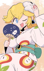 1girl breasts earrings japanese_clothes jewelry kimono kurachi_mizuki large_breasts mario_(series) mario_kart mario_kart_world nintendo official_alternate_costume princess_peach solo yukata
