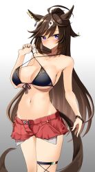 1girl ahoge bikini blush breasts cleavage closed_mouth collarbone commentary_request duramente_(umamusume) hair_ornament highres horse_girl komb large_breasts long_hair looking_at_viewer shorts simple_background solo string_bikini swimsuit umamusume white_background
