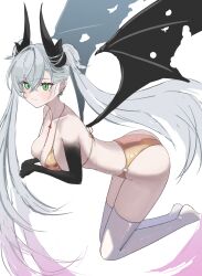 1girl absurdres bikini black_hands blush breasts colored_extremities demon_wings fate/grand_order fate_(series) gold_bikini green_eyes hanaet highres horns lilith_(fate) long_hair pointy_ears smile solo swimsuit thighhighs twintails white_background white_hair white_thighhighs wings