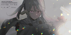1girl au_ra chihuri closed_mouth dated dragon_horns final_fantasy final_fantasy_xiv gloves glowing grey_hair highres holding holding_weapon horns jacket long_sleeves looking_at_viewer pink_eyes scales signature solo upper_body v-shaped_eyebrows warrior_of_light_(ff14) watermark weapon white_gloves white_jacket