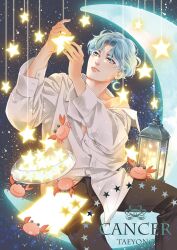 1boy azco_azconia black_pants blue_hair character_name closed_mouth commentary crab earrings english_commentary highres jewelry lantern male_focus moon nct_(band) pants real_life shirt short_hair single_bare_shoulder sitting star_(symbol) taeyong white_shirt