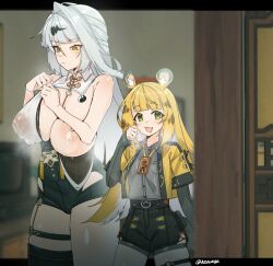 2girls animal_ears black_shoes blonde_hair blush breasts cleavage closed_mouth collared_shirt green_eyes grey_hair grey_shirt hair_between_eyes hair_ornament highres huge_breasts jacket ju_fufu lactation long_hair looking_at_viewer multiple_girls nipples one_breast_out open_clothes open_jacket open_mouth shirt shoes smile thigh_strap tiger_ears tiger_girl tilt-shift_(azalanz) white_shirt yellow_eyes yellow_jacket yixuan_(zenless_zone_zero) zenless_zone_zero