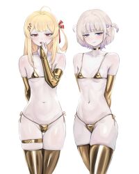 2girls absurdres ahoge arm_strap arms_behind_back bikini blonde_hair blush breasts commentary dalcom elbow_gloves english_commentary gloves gold_bikini gold_thighhighs grey_hair hair_ornament hairclip highres hololive hololive_dev_is long_hair looking_at_viewer micro_bikini multiple_girls navel open_mouth otonose_kanade pale_skin short_hair side-tie_bikini_bottom simple_background skindentation small_breasts smile swimsuit todoroki_hajime virtual_youtuber white_background