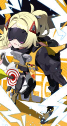 1girl absurdres bangboo_(zenless_zone_zero) bent_over black_blindfold black_gloves black_pants blindfold blonde_hair fingerless_gloves gloves hair_intakes highres long_hair long_sleeves pants parted_bangs ponytail smile solo trigger_(zenless_zone_zero) yamada_otonari zenless_zone_zero