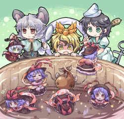 6+girls :&lt; alternate_color alternate_hair_color anchor animal_ears black_hair blonde_hair catfish diamond_mouth dress fang female_focus fish frills green_eyes grey_hair hair_ornament hat hishaku mini_person minigirl mouse_(animal) mouse_ears mouse_tail multicolored_hair multiple_girls murasa_minamitsu nagae_iku namazu_(touhou) nazrin odd_one_out open_mouth player_2 pote_(ptkan) purple_hair red_eyes sailor sailor_hat saliva shawl short_hair smile tail toramaru_shou touhou two-tone_hair wavy_mouth yellow_eyes
