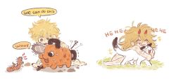1boy 1girl blonde_hair breathinrelax cat chainsaw chainsaw_man closed_eyes denji_(chainsaw_man) dirty english_text hand_on_animal highres horns hug hybrid laughing long_hair looking_at_another medium_hair meowy_(chainsaw_man) messy messy_hair on_animal orange_eyes pochita_(chainsaw_man) power_(chainsaw_man) red_horns sharp_teeth simple_background stick sweat tail tail_wagging teeth white_background white_cat worm worried