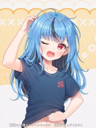1girl arm_up black_hair black_nails blue_hair blue_shirt blush commentary_request ear_piercing indie_virtual_youtuber long_hair looking_at_viewer messy_hair multicolored_hair nail_polish navel nito_wai official_art one_eye_closed open_mouth piercing red_eyes serino_itsuki shirt short_sleeves solo streaked_hair tongue two-tone_hair upper_body virtual_youtuber