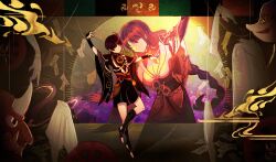 1boy 1girl absurdres arm_up armor black_kimono black_leggings black_sandals black_shorts black_shrug black_sleeves blunt_bangs blunt_ends breasts chinese_commentary chinese_knot cleavage closed_eyes closed_mouth commentary_request electro_symbol_(genshin_impact) eyeliner eyeshadow faceless faceless_female facing_another fox_mask fuujin_(mythology) genshin_impact gold gold_trim highres japanese_armor japanese_clothes japanese_mythology jewelry juban kimono kimono_skirt kote kurokote large_breasts layered_sleeves leggings long_hair low-braided_long_hair low-tied_long_hair makeup mandarin_collar mask mechanical_arms mitsudomoe_(shape) momogourami mother_and_son neck_ring o-ring obi oni_mask open_clothes open_hand open_kimono outstretched_arm puppet_strings purple_hair purple_rope purple_sash purple_sleeves raiden_shogun red_eyeliner red_eyeshadow red_kimono red_sash rope sandals sash scaramouche_(genshin_impact) shimenawa short_sleeves shorts shrug_(clothing) single_sidelock single_sode stirrup_legwear string swept_bangs tassel toeless_legwear tomoe_(symbol) vision_(genshin_impact) wheel white_kimono white_rope wide_sleeves wispy_bangs zouri
