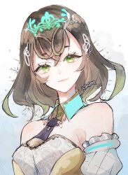 1girl artist_name bare_shoulders brown_hair detached_collar detached_sleeves dress final_fantasy final_fantasy_xiv gradient_hair green_eyes green_hair looking_at_viewer multicolored_hair namikaze_so portrait solo sphene_(ff14) strapless strapless_dress tiara