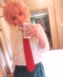ashido_mina boku_no_hero_academia colored_skin cosplay_photo highres lips photo_(medium) pink_hair pink_skin skirt