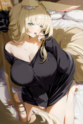 1girl absurdres animal_ear_fluff animal_ears black_shirt blonde_hair blush breasts chinese_commentary cleavage clothes_pull fox_ears fox_girl fox_girl_miko_(7317helic) fox_tail green_eyes helic_(7317helic) highres indoors large_breasts long_hair long_sleeves looking_at_viewer no_pants on_bed open_mouth original ponytail pulling_own_clothes seductive_smile shirt shirt_pull signature sitting smile solo tail very_long_hair wariza