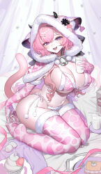 absurdres animal_ears animal_print bell bikini breasts bright_background commission cow_horns cow_print cow_print_bikini cow_print_sleeves cow_print_thighhighs cowbell cup curtains ear_tag fake_animal_ears fake_horns fangs flower fluff fork highres holding holding_cup horns jewelry large_breasts looking_at_viewer mayuri_kaichou milk milk_carton mole mole_on_breast neck_bell original pink_hair pom_pom_(clothes) print_bikini print_thighhighs ring skeb_commission smile star_(symbol) swimsuit thighhighs white_background