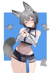 Rule 34 | 1girl, absurdres, animal ears, bare shoulders, belt, black shorts, blue background, blue eyes, blush, border, chest harness, covered navel, cowboy shot, crescent, crescent hair ornament, detached sleeves, grey hair, hair ornament, harness, highres, indie virtual youtuber, leotard, leotard under clothes, medium hair, micro shorts, multicolored leotard, nanao sakuya, second-party source, see-through clothes, see-through leotard, shorts, solo, steepled fingers, tag, tail, thigh gap, two-tone leotard, two side up, umino hotate, virtual youtuber, white border, white leotard, white sleeves, wolf cut, wolf ears, wolf girl, wolf tail
