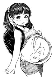 1girl absurdres baby backpack bag big_belly blush breasts chipokan cross-section female_focus fetus flat_chest highres lineart loli looking_at_viewer monochrome pregnant pregnant_loli randoseru shorts sketch small_breasts smile smile_open_mouth tagme twintails x-ray