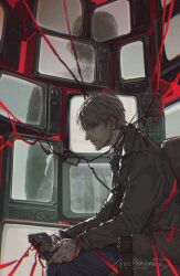 Rule 34 | 1boy, absurdres, bloober team, brown hair, closed mouth, crt, from side, highres, holding tape, james sunderland, konami, long sleeves, male focus, nyeigneous, remake, short hair, silent hill (series), silent hill 2 (remake), sitting, solo, tape, videocassette