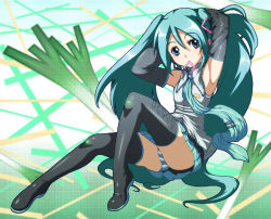 Rule 34 | 1girl, armpits, caryo, female focus, hatsune miku, jpeg artifacts, long hair, mouth hold, panties, solo, spring onion, striped clothes, striped panties, tabigarasu, thighhighs, twintails, underwear, very long hair, vocaloid