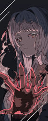 Rule 34 | 1girl, absurdres, black background, claws, closed mouth, commentary, dikke, dress, expressionless, grey dress, grey hair, hair intakes, highres, ligne claire, long hair, looking at viewer, natsugu72, pink eyes, reverse:1999, simple background, solo, upper body