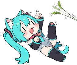 1girl :d ai-assisted animal_ear_fluff animal_ears aqua_hair bare_shoulders black_sleeves blush_stickers brittle cat_ears cat_girl cat_tail chibi collar detached_sleeves fang full_body hatsune_miku leg_up leotard long_hair lying necktie on_back open_mouth paw_pose simple_background skin_fang smile solo spring_onion tail thighhighs twintails v-shaped_eyebrows very_long_hair vocaloid white_background |_|