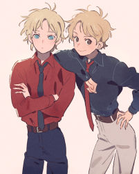 2boys blonde_hair blue_eyes brown_eyes casval_rem_deikun char_aznable crossed_arms dress_shirt elbow_on_another&#039;s_shoulder gundam hand_on_own_hip leaning_on_person male_focus mobile_suit_gundam mobile_suit_gundam_the_origin multiple_boys name_connection namihaya necktie shirt