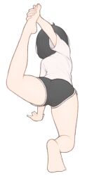 1girl 1ssakawaguchi absurdres ass barefoot black_hair black_shorts bob_cut commentary_request dolphin_shorts feet from_behind full_body hands_on_feet highres ichika_(1ssakawaguchi) kneepits leg_up original shirt short_sleeves shorts simple_background soles solo stretching white_background white_shirt yoga