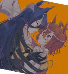 Rule 34 | 2girls, agnes tachyon (umamusume), ahoge, animal ears, black coat, black gloves, black hair, blush, brown hair, chemical structure, coat, ctlv, ear ornament, ear tag, earrings, face-to-face, flustered, gloves, grey hair, hair between eyes, highres, holding hands, horse ears, horse girl, jewelry, lab coat, long hair, long hair between eyes, long sleeves, looking at another, manhattan cafe (umamusume), multicolored hair, multiple girls, necktie, parted lips, red eyes, short hair, single earring, sleeves past fingers, sleeves past wrists, sweater, umamusume, very long hair, yellow eyes, yellow necktie, yellow sweater, yuri
