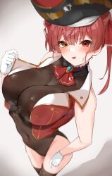 1girl ascot bare_shoulders bicorne black_choker black_hat black_thighhighs blush breasts brooch choker covered_erect_nipples covered_navel cropped_jacket frilled_choker frilled_shirt_collar frills hair_ribbon hat heterochromia highres hololive houshou_marine jacket jewelry large_breasts leotard leotard_under_clothes long_hair looking_at_viewer neko_no_suke_(nekoneco118) open_clothes open_jacket open_mouth pirate_hat red_ascot red_eyes red_hair red_jacket red_ribbon ribbon see-through_clothes see-through_leotard sleeveless sleeveless_jacket smile solo steaming_body thighhighs twintails virtual_youtuber yellow_eyes
